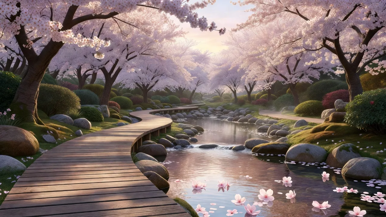 桜咲く渓流沿いの木道