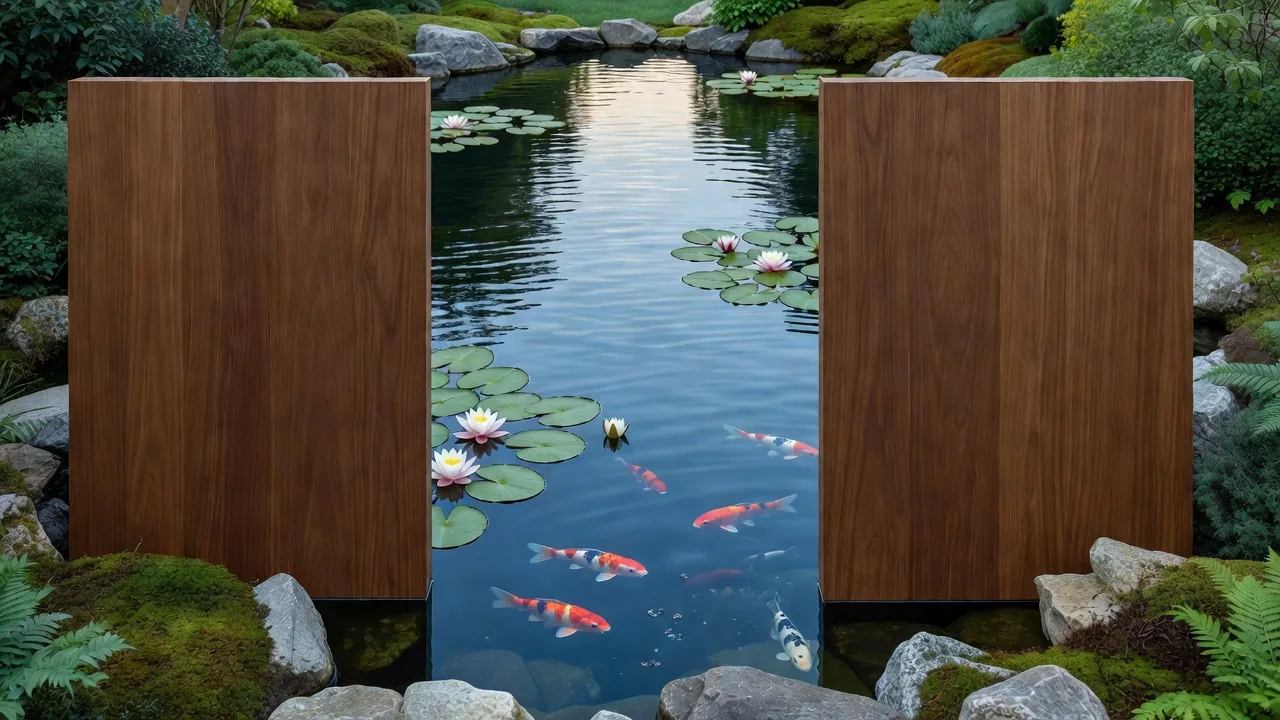 静かな鯉池と睡蓮、木製庭園パネル